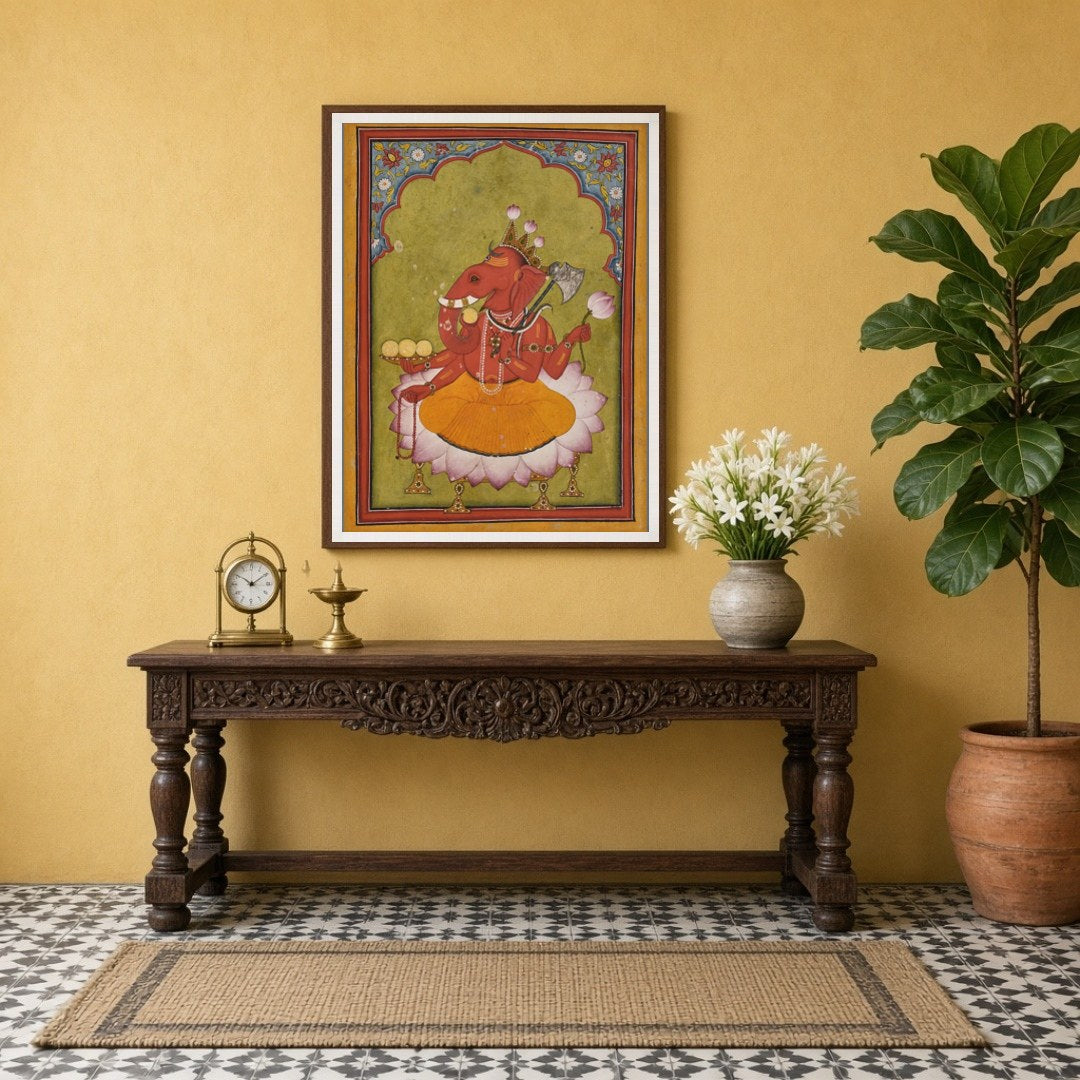 Immerse yourself in the vibrant essence of Rakta Ganapati with this exquisite Pichwai artwork. for Entrance