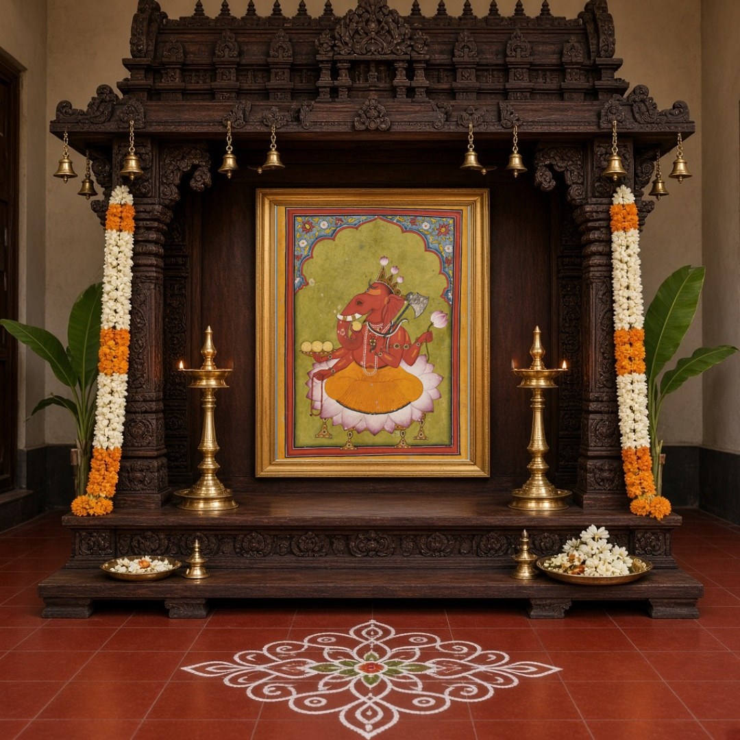 Immerse yourself in the vibrant essence of Rakta Ganapati with this exquisite Pichwai artwork. for Home Temple