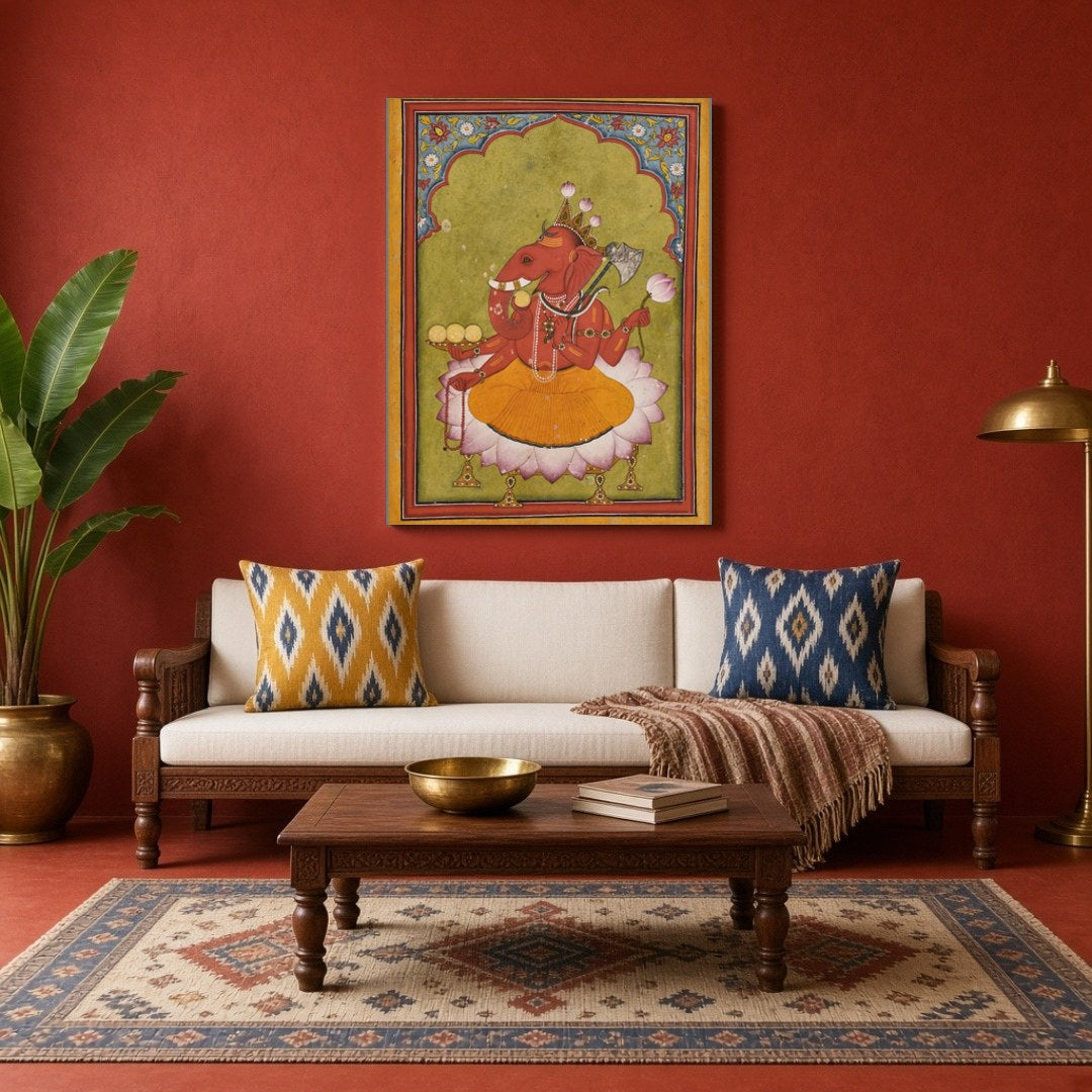 Immerse yourself in the vibrant essence of Rakta Ganapati with this exquisite Pichwai artwork. for Living Room