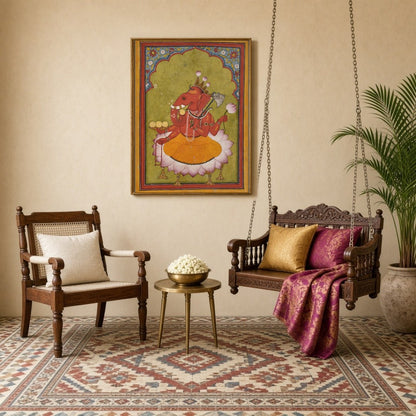 Immerse yourself in the vibrant essence of Rakta Ganapati with this exquisite Pichwai artwork. for Sitting Lounge