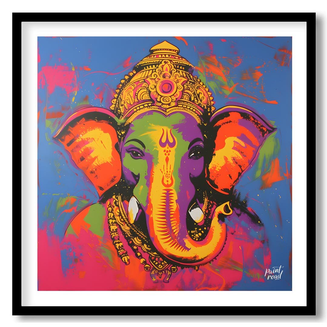 This vibrant digital artwork depicts Ganesha, the Hindu god of wisdom and prosperity, in a modern a… for abode