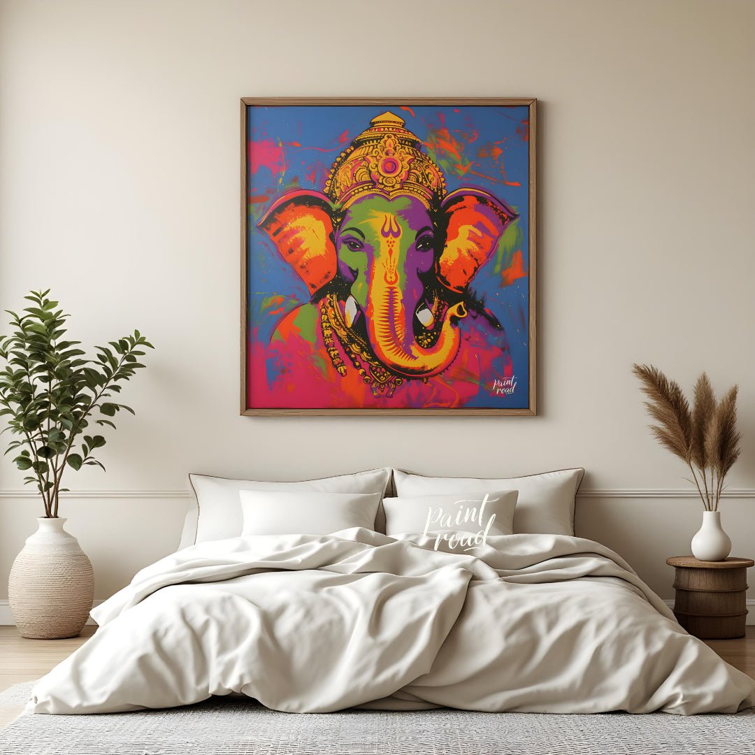 This vibrant digital artwork depicts Ganesha, the Hindu god of wisdom and prosperity, in a modern a… for bedroom