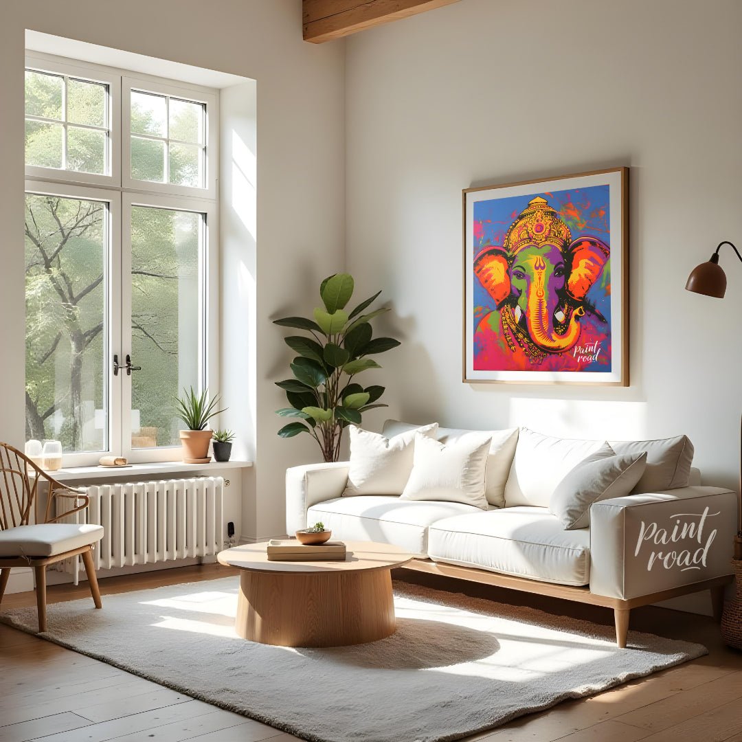 This vibrant digital artwork depicts Ganesha, the Hindu god of wisdom and prosperity, in a modern a… for living room