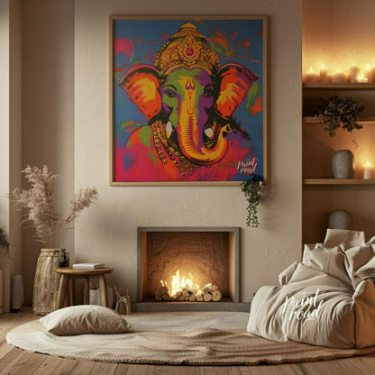 This vibrant digital artwork depicts Ganesha, the Hindu god of wisdom and prosperity, in a modern a… for living room