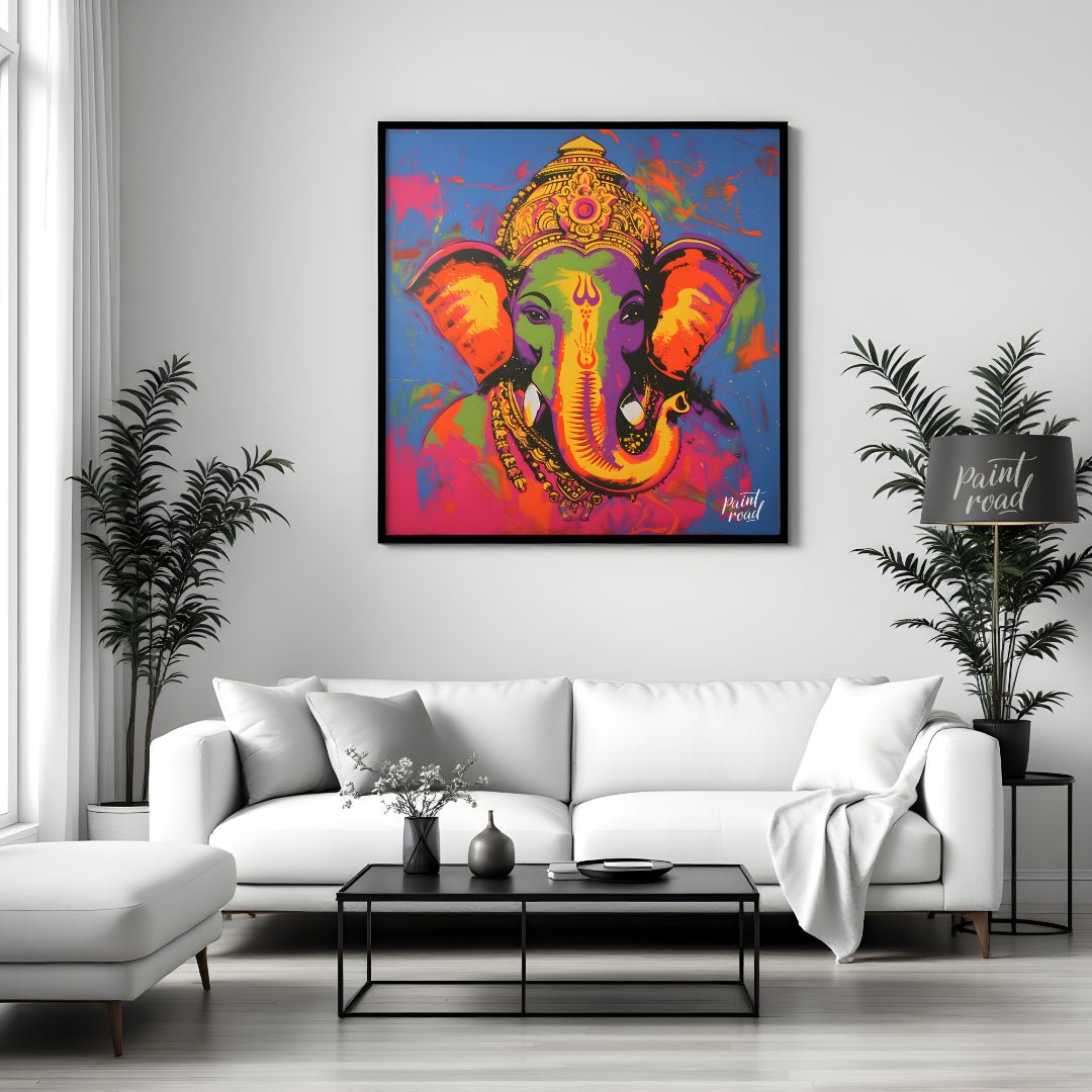 This vibrant digital artwork depicts Ganesha, the Hindu god of wisdom and prosperity, in a modern a… for living room
