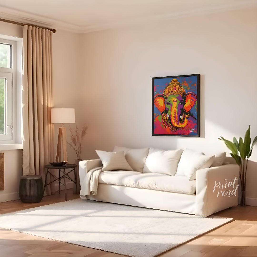 This vibrant digital artwork depicts Ganesha, the Hindu god of wisdom and prosperity, in a modern a… for living room