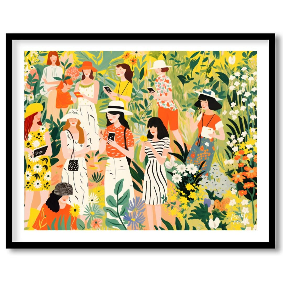 This charming and vibrant illustration depicts several women immersed in a lush, fantastical garden… for abode
