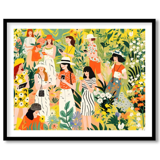 This charming and vibrant illustration depicts several women immersed in a lush, fantastical garden… for abode