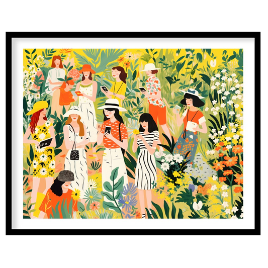 This charming and vibrant illustration depicts several women immersed in a lush, fantastical garden… for abode