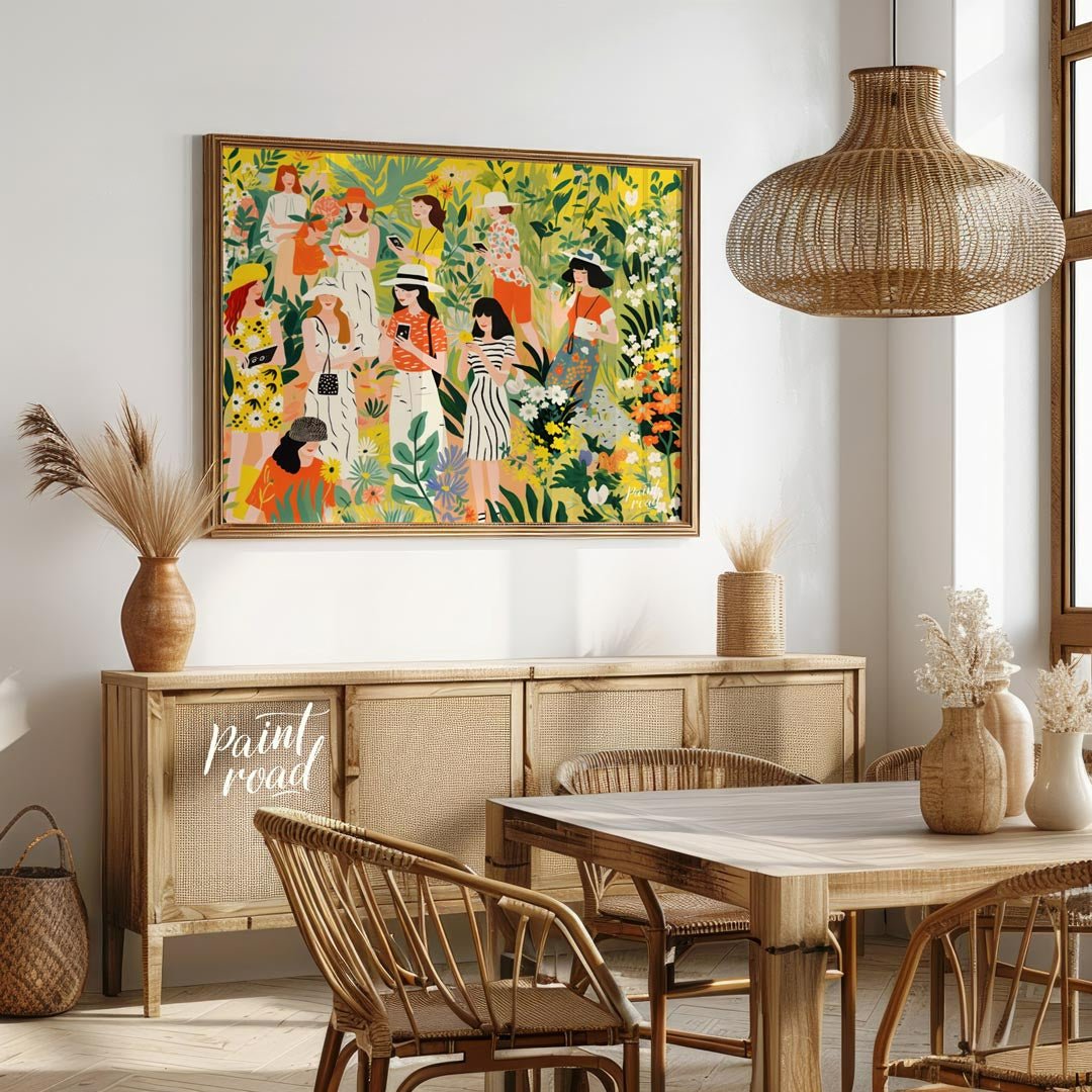 This charming and vibrant illustration depicts several women immersed in a lush, fantastical garden… for dining room