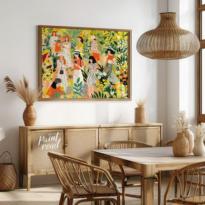 This charming and vibrant illustration depicts several women immersed in a lush, fantastical garden… for dining room