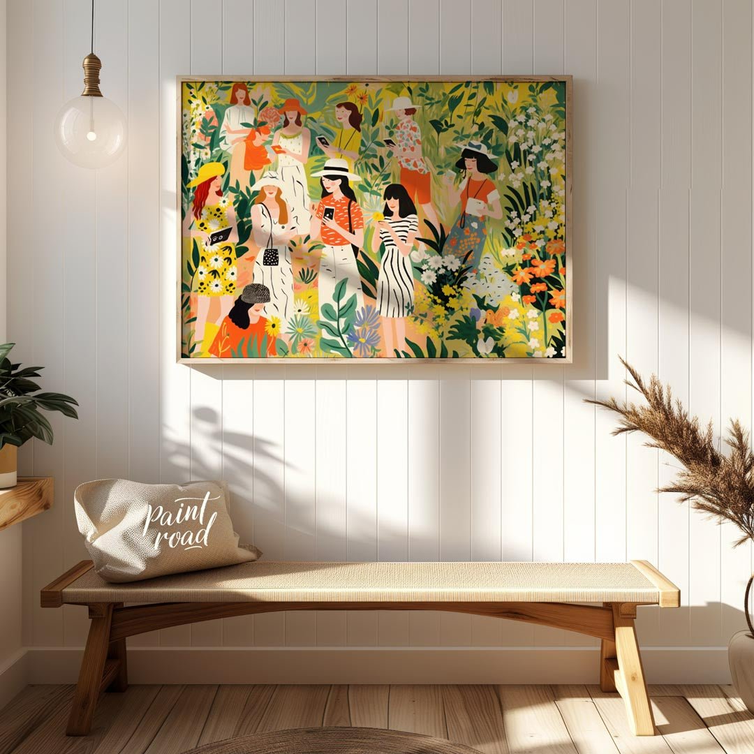 This charming and vibrant illustration depicts several women immersed in a lush, fantastical garden… for entryway