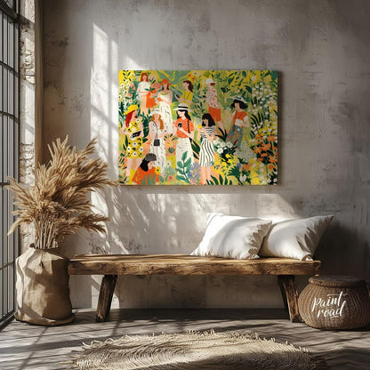 This charming and vibrant illustration depicts several women immersed in a lush, fantastical garden… for entryway