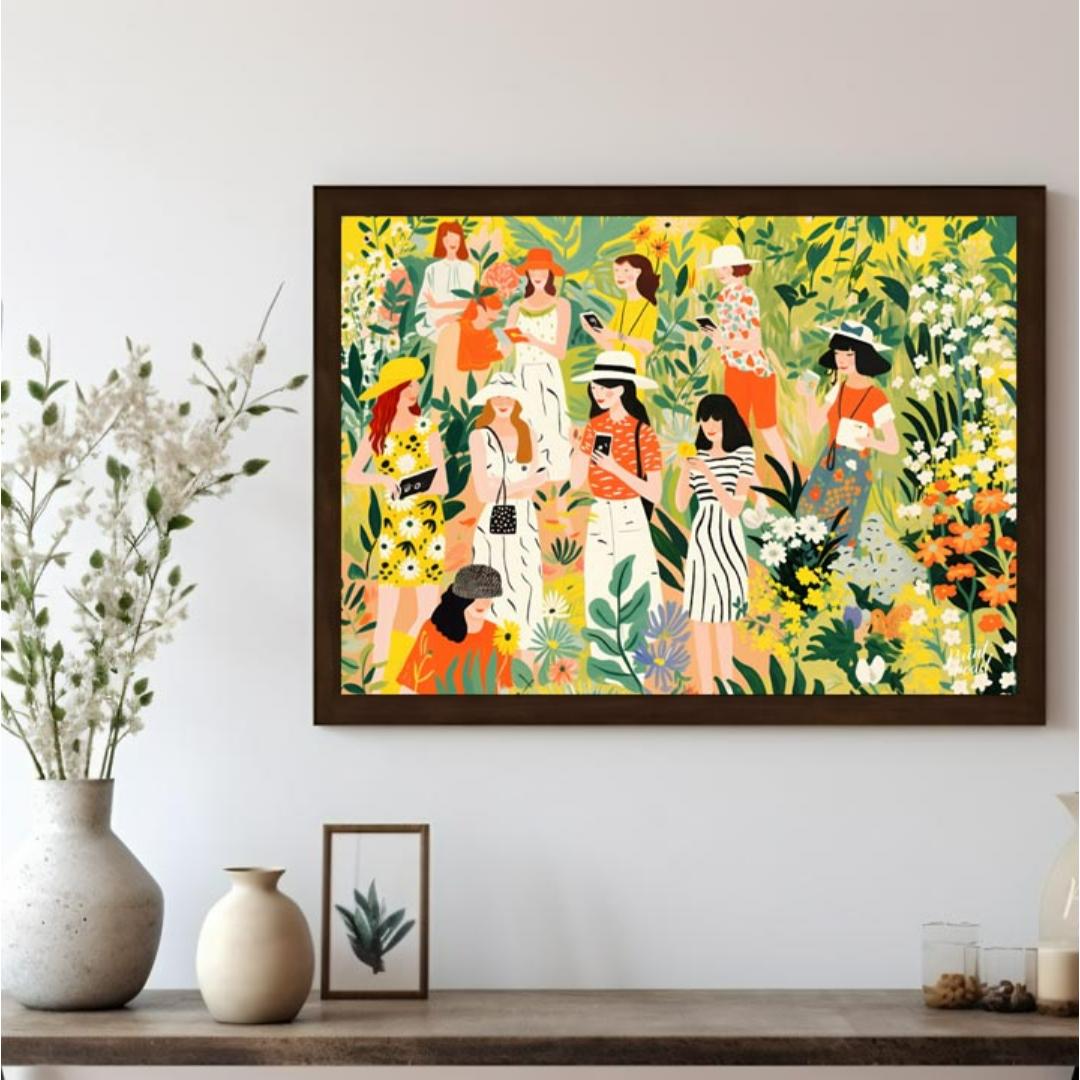 This charming and vibrant illustration depicts several women immersed in a lush, fantastical garden… for living room