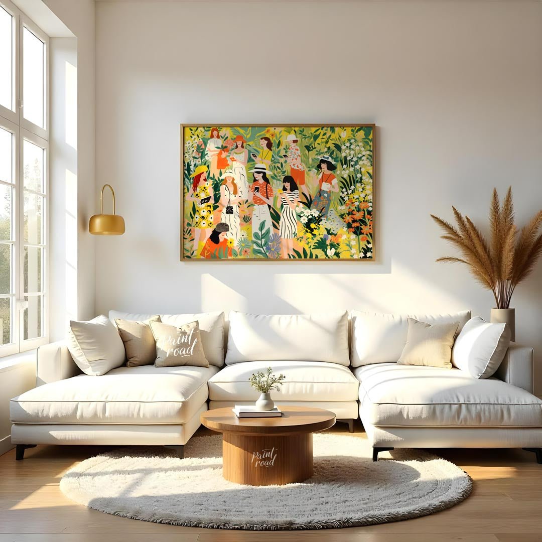 This charming and vibrant illustration depicts several women immersed in a lush, fantastical garden… for living room