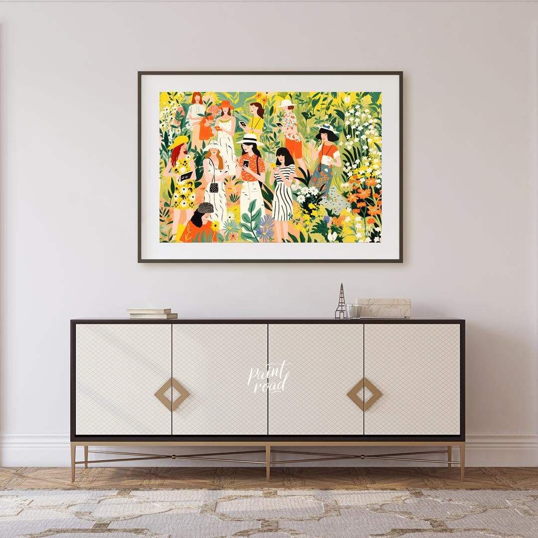 This charming and vibrant illustration depicts several women immersed in a lush, fantastical garden… for living room