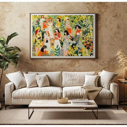 This charming and vibrant illustration depicts several women immersed in a lush, fantastical garden… for living room