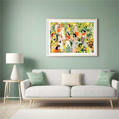 This charming and vibrant illustration depicts several women immersed in a lush, fantastical garden… for living room
