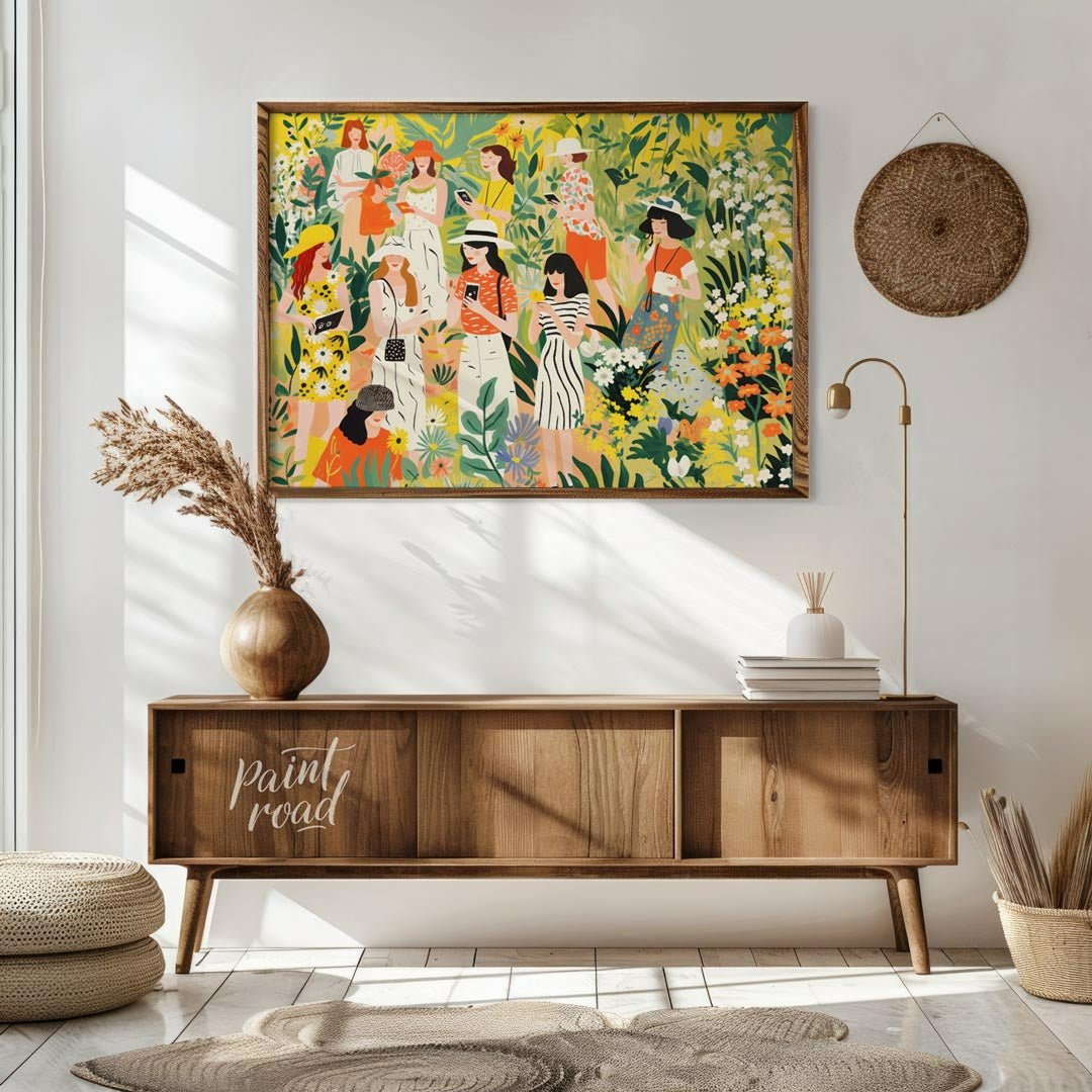 This charming and vibrant illustration depicts several women immersed in a lush, fantastical garden… for living room