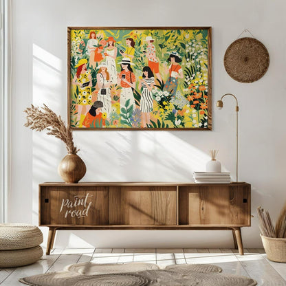This charming and vibrant illustration depicts several women immersed in a lush, fantastical garden… for living room