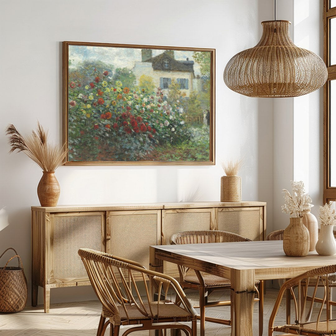 Dive into the serene beauty of a lush garden with this captivating painting. The delicate brushwork for Dining
