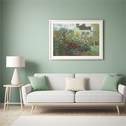 Dive into the serene beauty of a lush garden with this captivating painting. The delicate brushwork for Hall