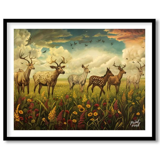 This majestic and fantastical oil painting depicts a diverse group of deer and elk standing in a vi… for place