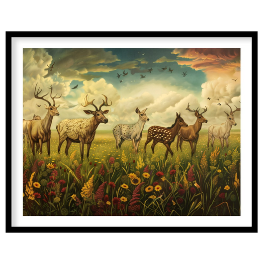 This majestic and fantastical oil painting depicts a diverse group of deer and elk standing in a vi… for place