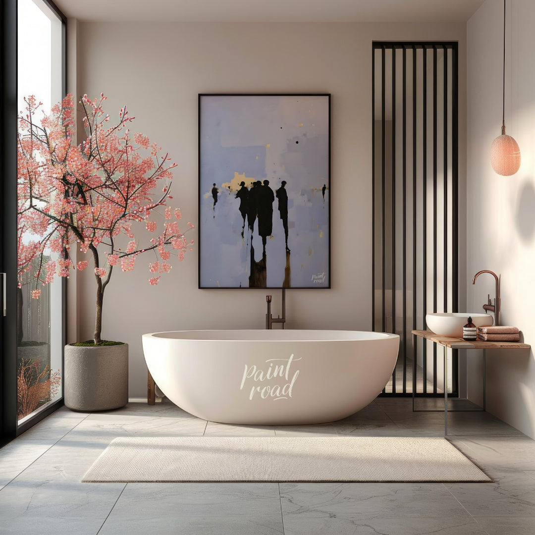 """Gathering Shadows"" captures a fleeting moment of human interaction in a subtly abstract setting… for bathroom