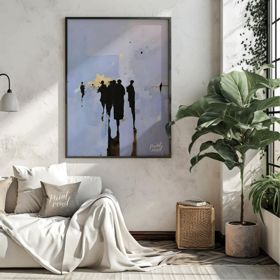 """Gathering Shadows"" captures a fleeting moment of human interaction in a subtly abstract setting… for living room