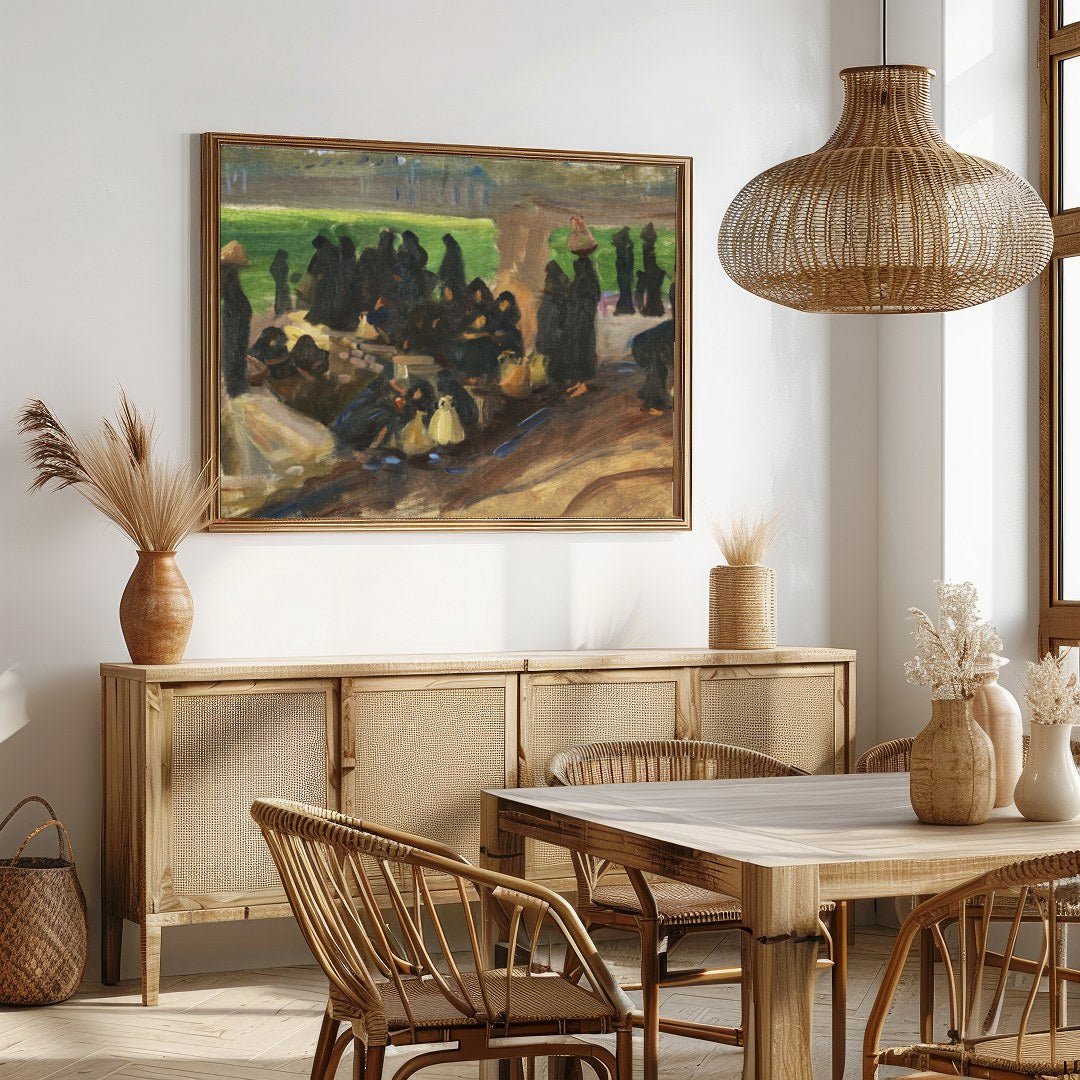 Step into a serene moment captured in rich earthy tones with 'Gathering Under Sunlit Shade.' This for Dining