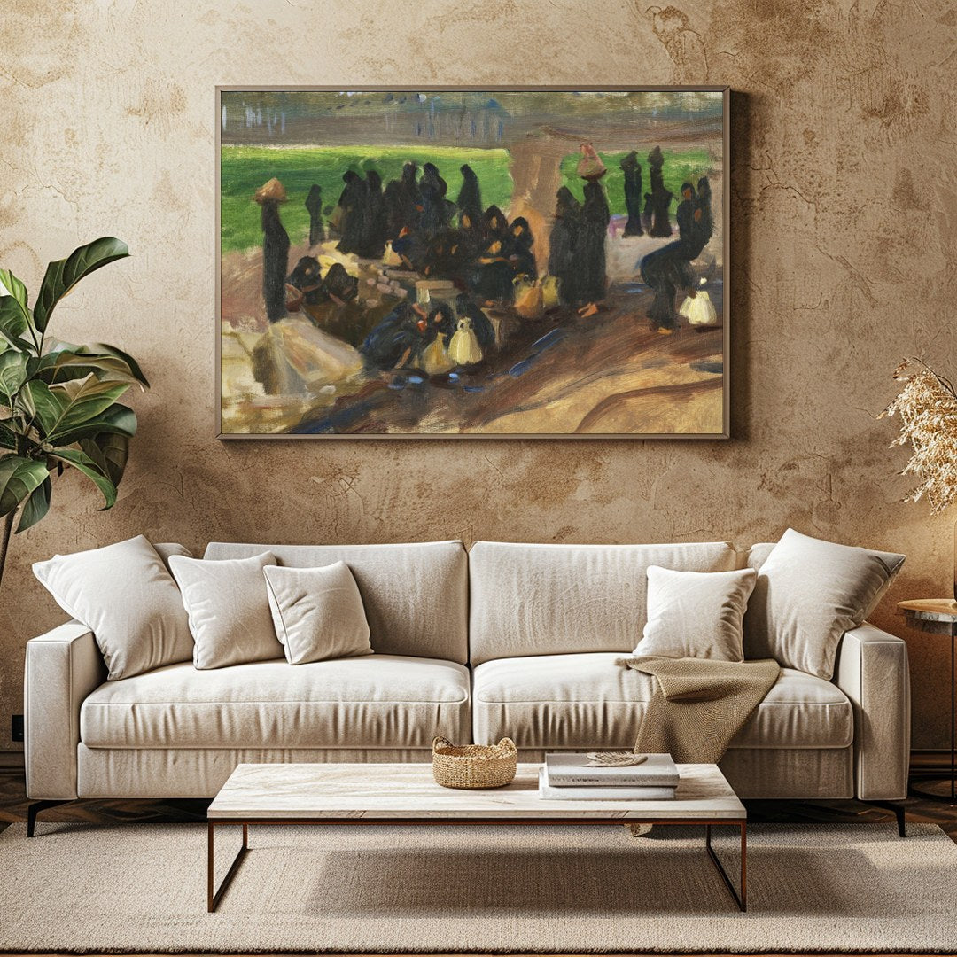 Step into a serene moment captured in rich earthy tones with 'Gathering Under Sunlit Shade.' This for Family Room
