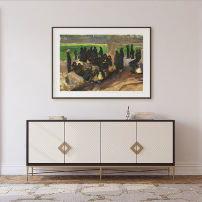 Step into a serene moment captured in rich earthy tones with 'Gathering Under Sunlit Shade.' This for Foyer