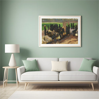 Step into a serene moment captured in rich earthy tones with 'Gathering Under Sunlit Shade.' This for Hall