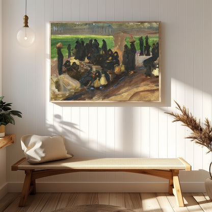 Step into a serene moment captured in rich earthy tones with 'Gathering Under Sunlit Shade.' This for Hallway