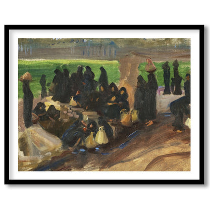 Step into a serene moment captured in rich earthy tones with 'Gathering Under Sunlit Shade.' This for home