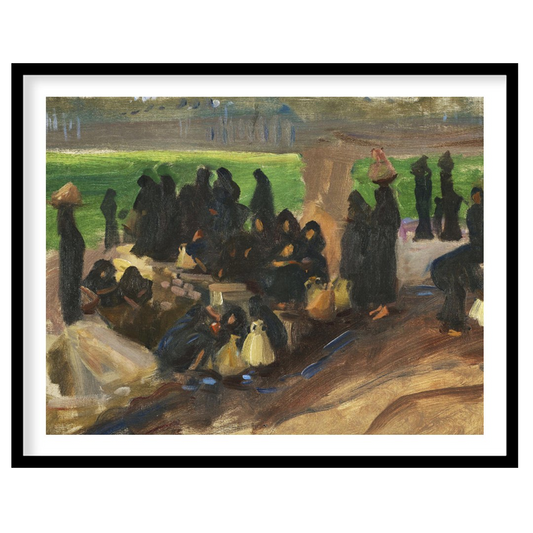 Step into a serene moment captured in rich earthy tones with 'Gathering Under Sunlit Shade.' This for home