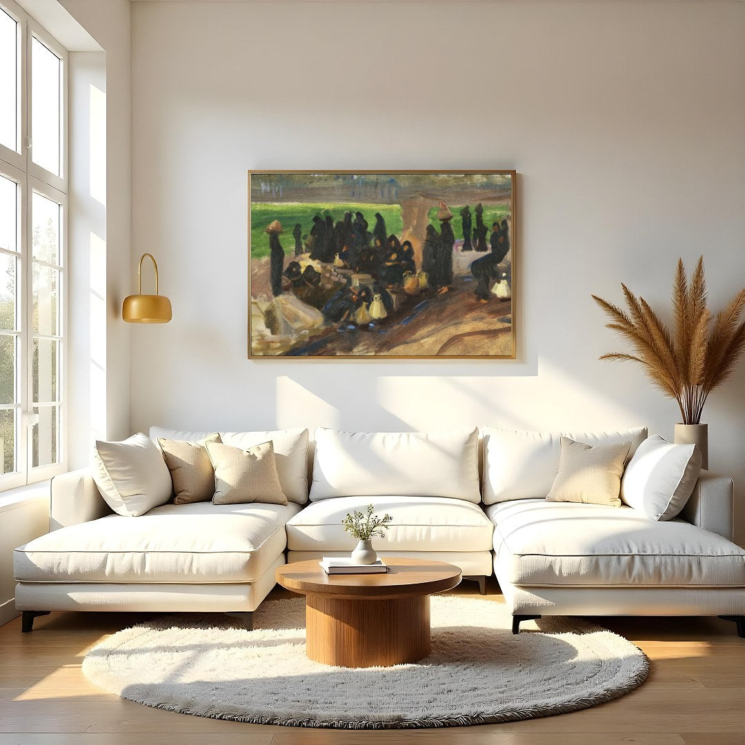 Step into a serene moment captured in rich earthy tones with 'Gathering Under Sunlit Shade.' This for Living Room