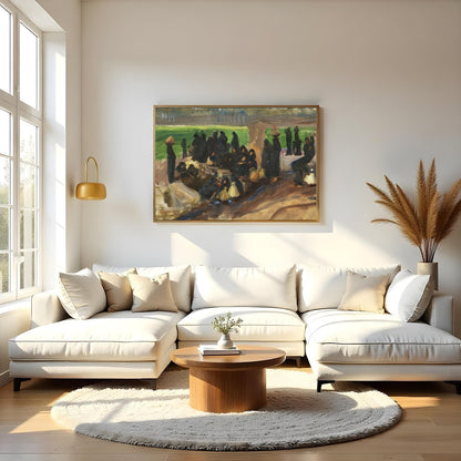 Step into a serene moment captured in rich earthy tones with 'Gathering Under Sunlit Shade.' This for Living Room