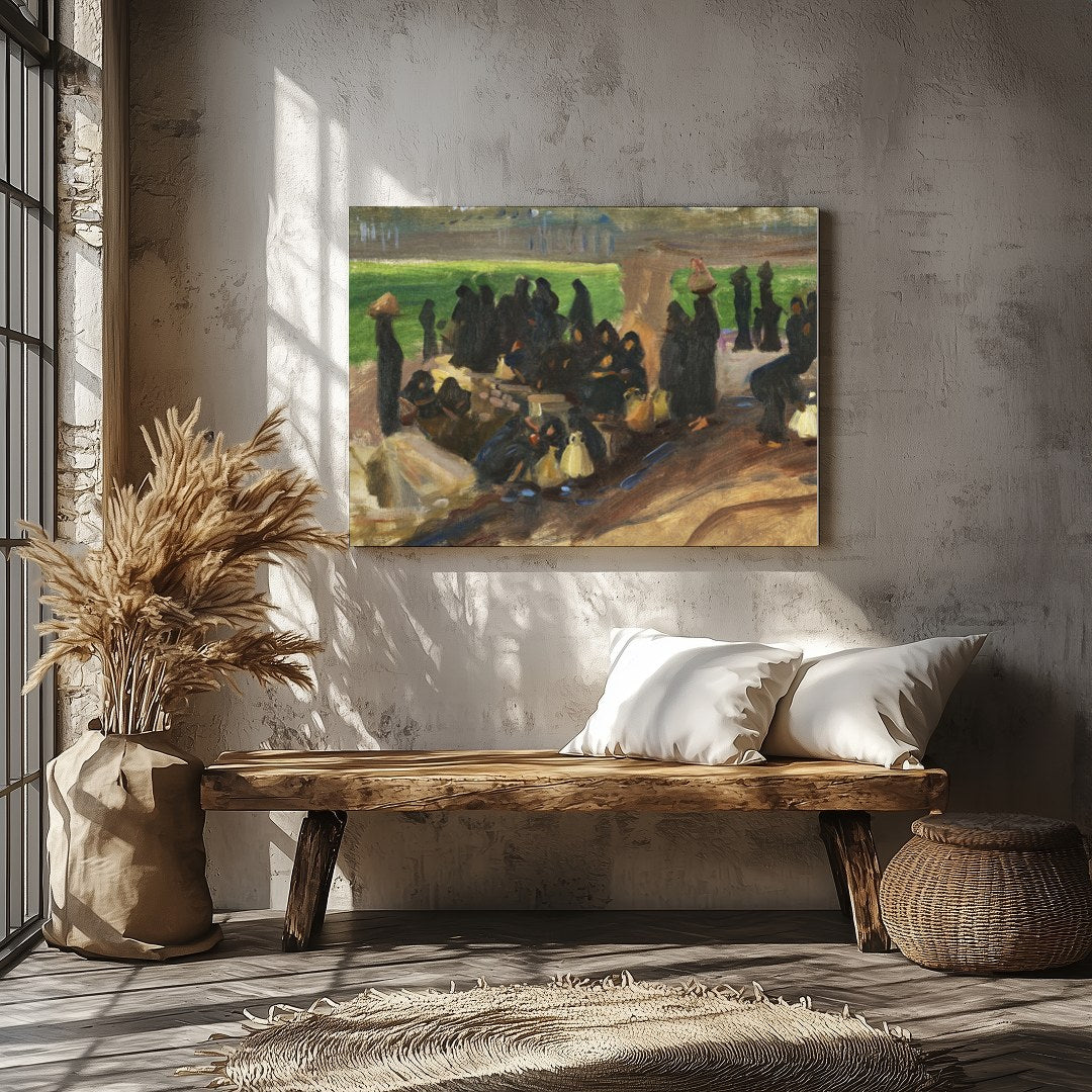 Step into a serene moment captured in rich earthy tones with 'Gathering Under Sunlit Shade.' This for Veranda