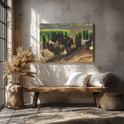 Step into a serene moment captured in rich earthy tones with 'Gathering Under Sunlit Shade.' This for Veranda