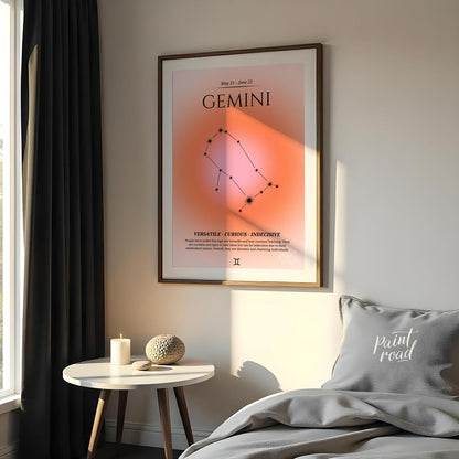 This poster features the Gemini zodiac sign, which is represented by the constellation of Gemini. T… for bedroom