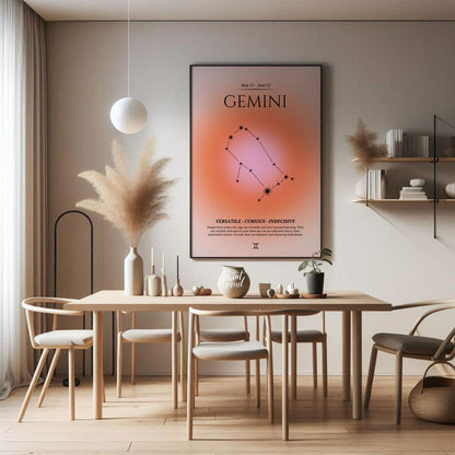 This poster features the Gemini zodiac sign, which is represented by the constellation of Gemini. T… for dining room