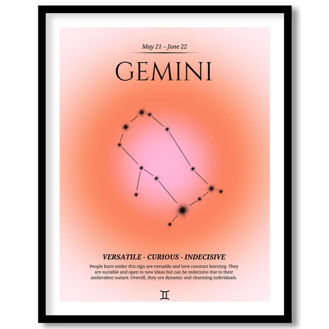 This poster features the Gemini zodiac sign, which is represented by the constellation of Gemini. T… for house