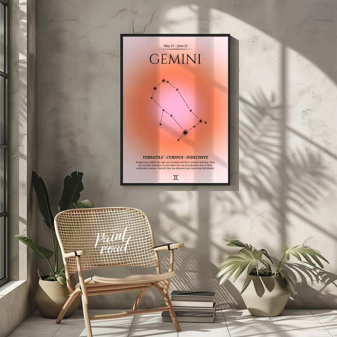 This poster features the Gemini zodiac sign, which is represented by the constellation of Gemini. T… for living room