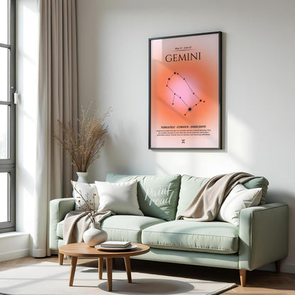 This poster features the Gemini zodiac sign, which is represented by the constellation of Gemini. T… for living room