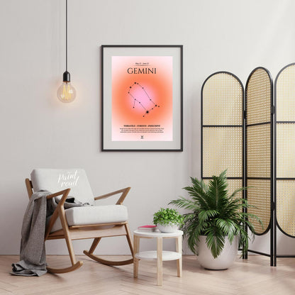 This poster features the Gemini zodiac sign, which is represented by the constellation of Gemini. T… for living room