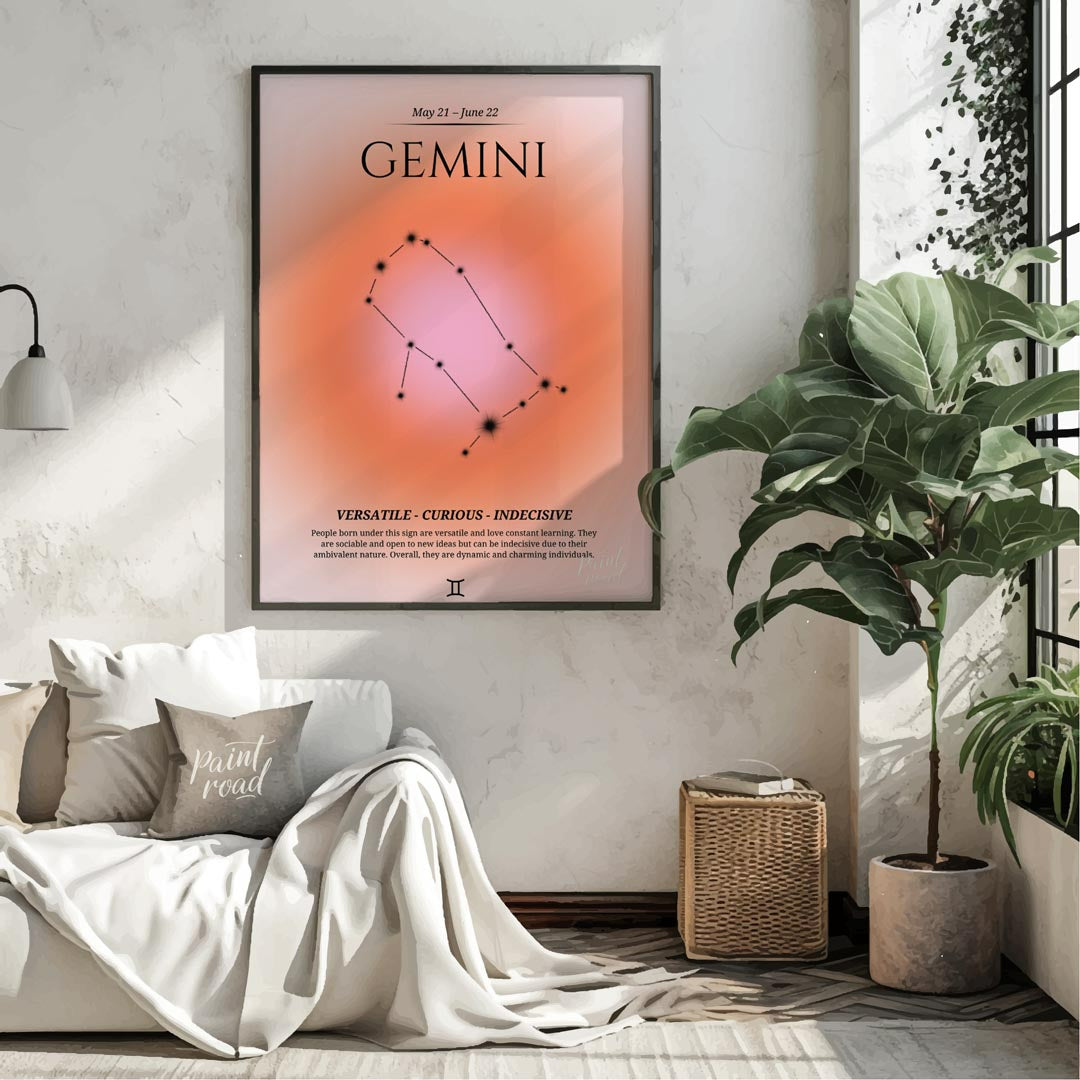 This poster features the Gemini zodiac sign, which is represented by the constellation of Gemini. T… for living room