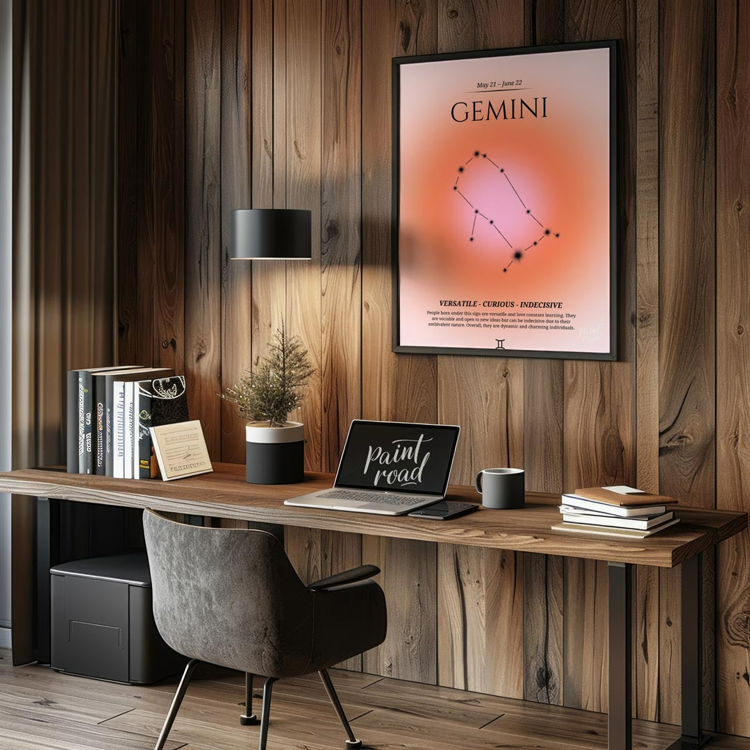 This poster features the Gemini zodiac sign, which is represented by the constellation of Gemini. T… for office