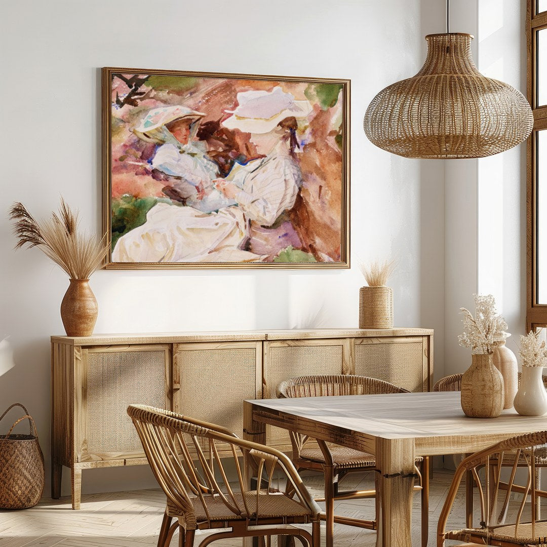 This charming watercolor painting captures a serene and intimate moment between a mother and child, for Dining